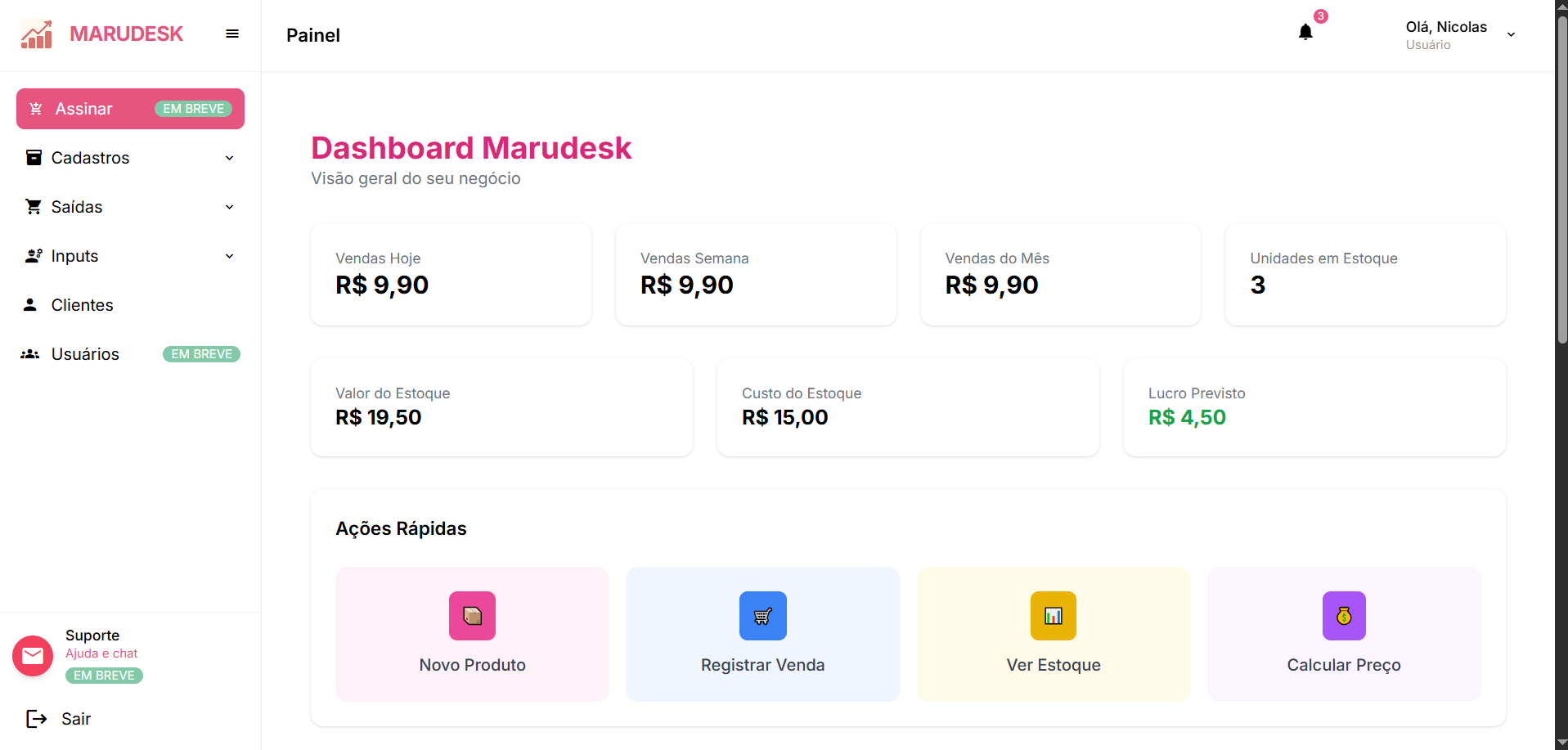Painel do Marudesk com vendas, estoque, custos e lucro previsto